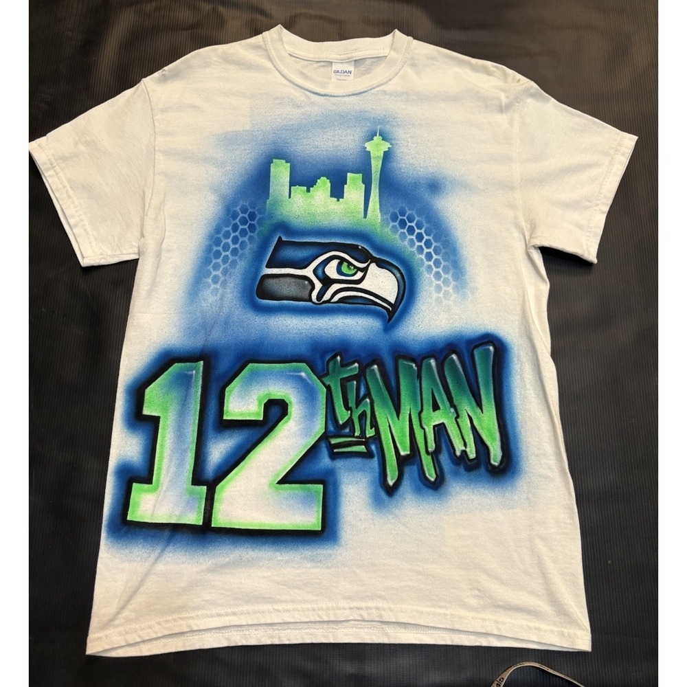 VTG Seattle Seahawks t shirt 12th Man neon Air Brush Fan Made Shirt Graffiti Art